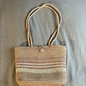 Liz Claiborne Woven Straw Tote Small Summer Bag Raffia Handbag Orange Lined